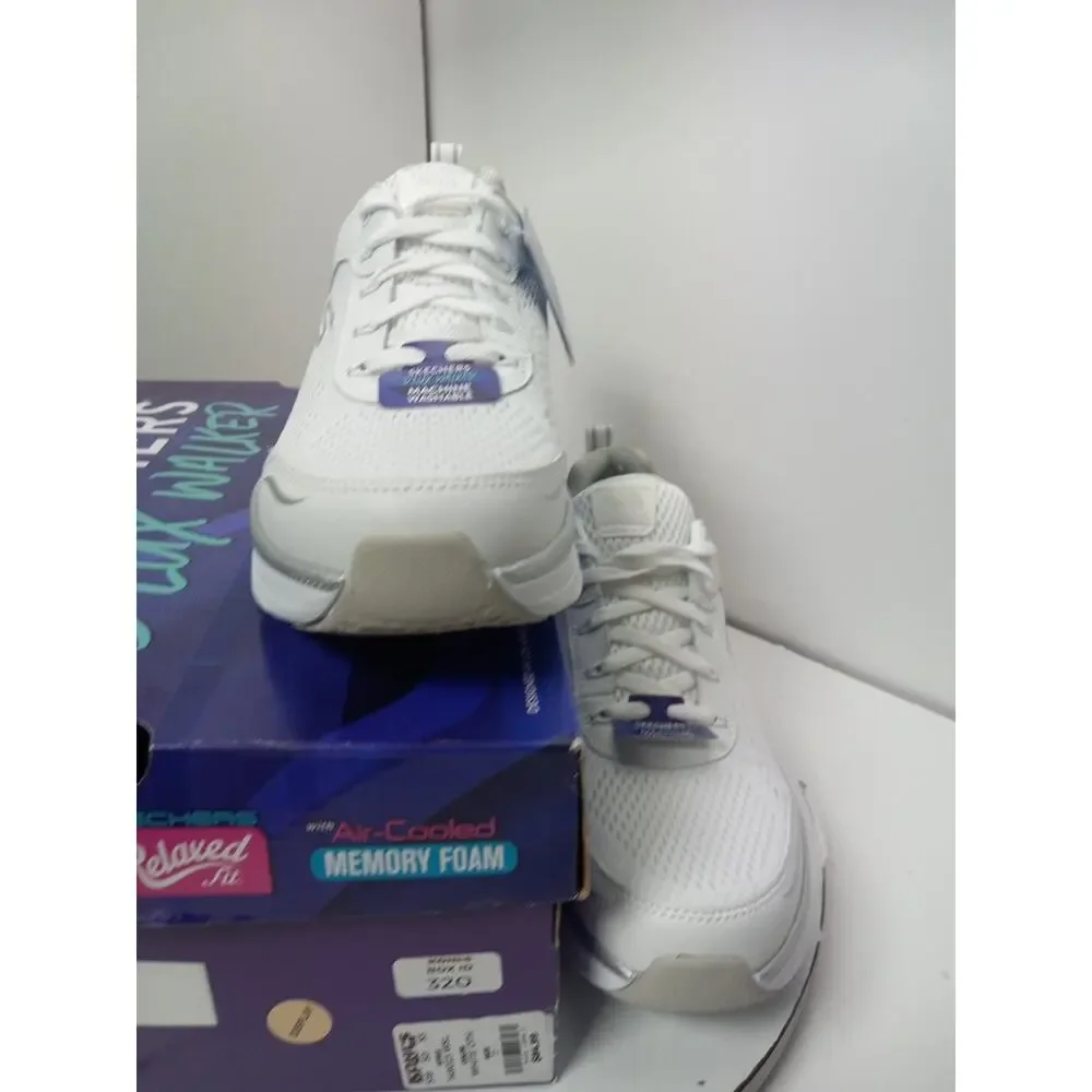 Skechers D'Lux Walker Infinite Motion White Silver Mesh Lace Shoes Womens Sz 11